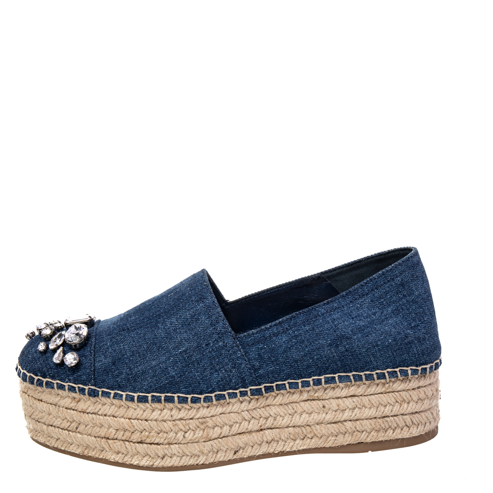 

Miu Miu Blue Denim Crystal Embellished Platform Espadrilles Size