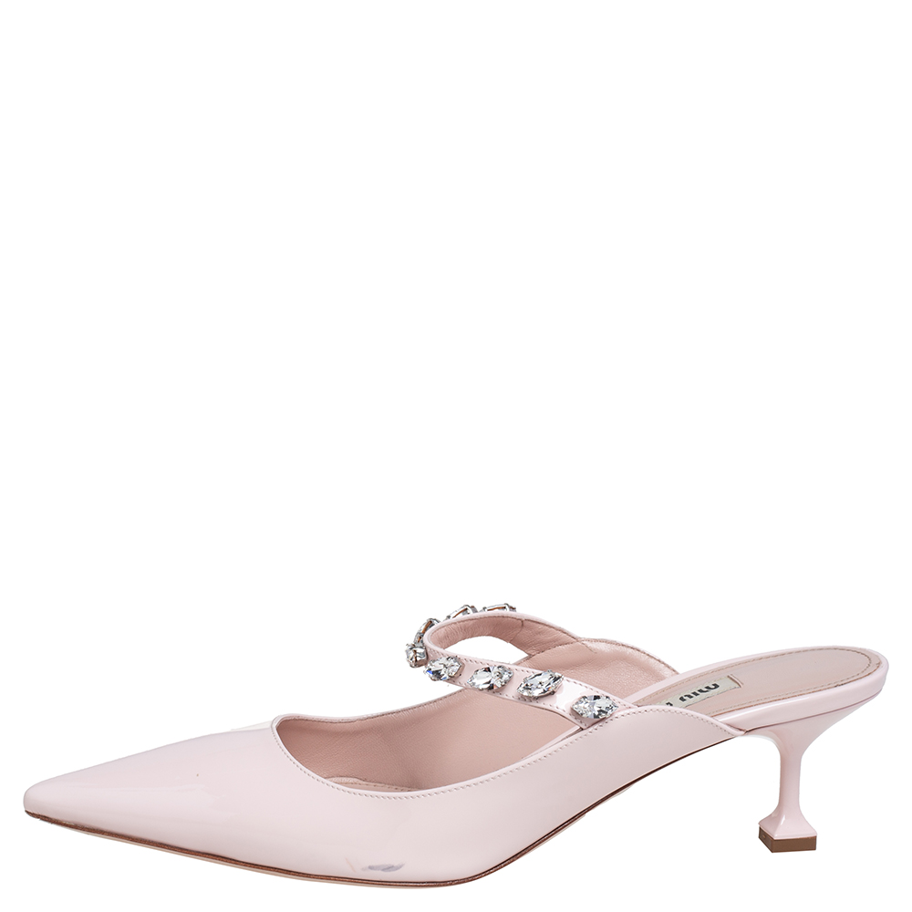 

Miu Miu Light Pink Patent Leather Crystal Embellished Mules Size