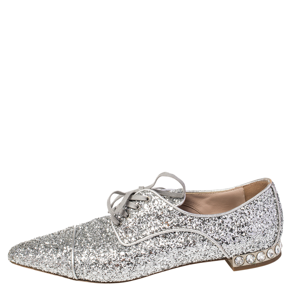 

Miu Miu Silver Glitter Lace Up Oxfords Size