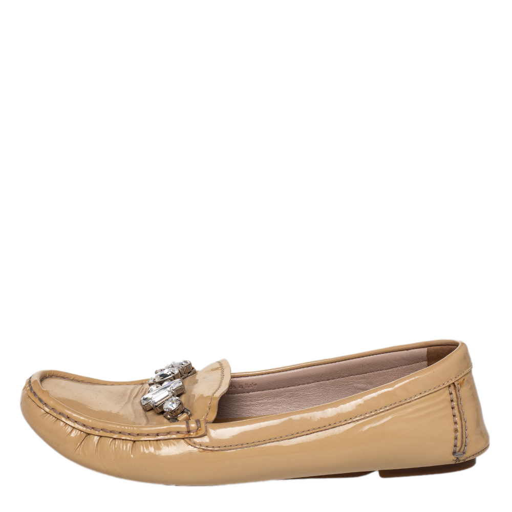 

Miu Miu Beige Patent Leather Crystal Embellished Loafers Size