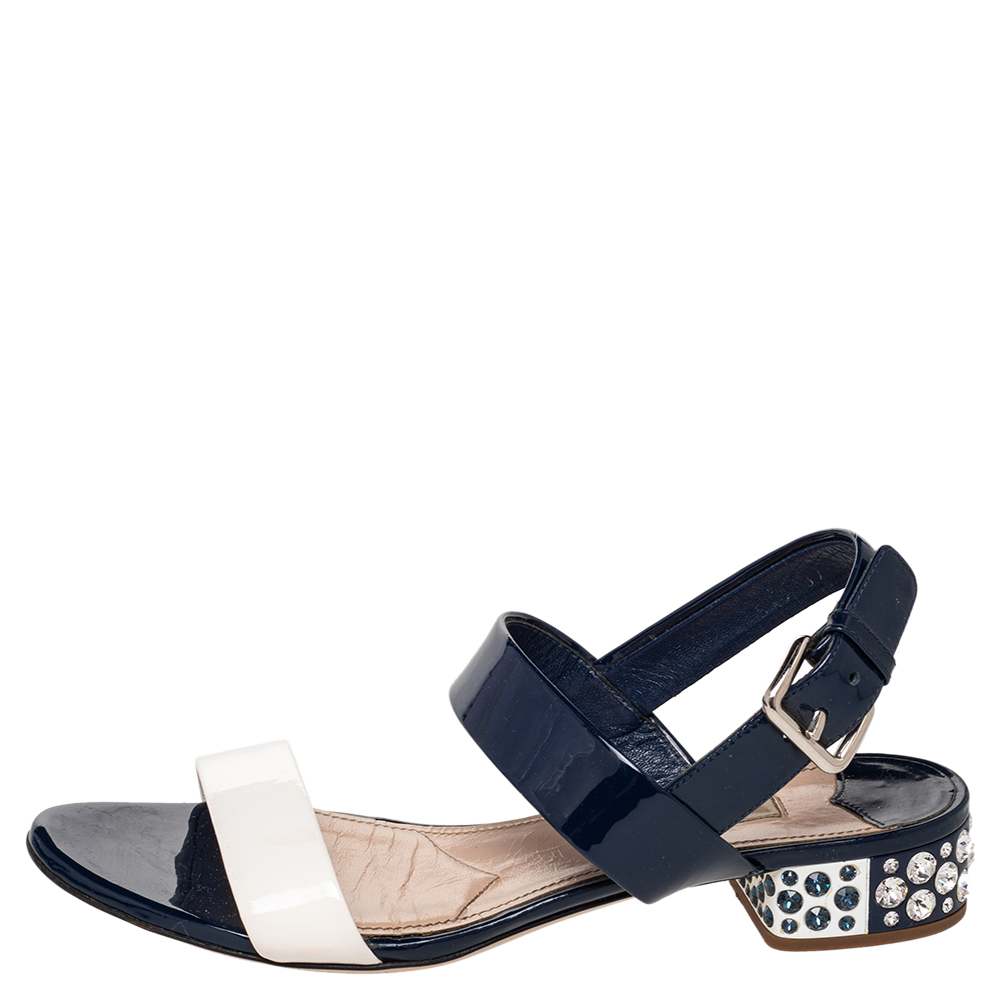 

Miu Miu Blue/White Patent Leather Low Crystal Sandals Size