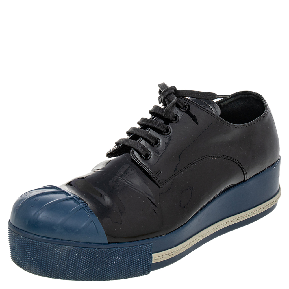 

Miu Miu Black/Blue Patent Leather Rubber Cap Toe Platform Sneakers Size