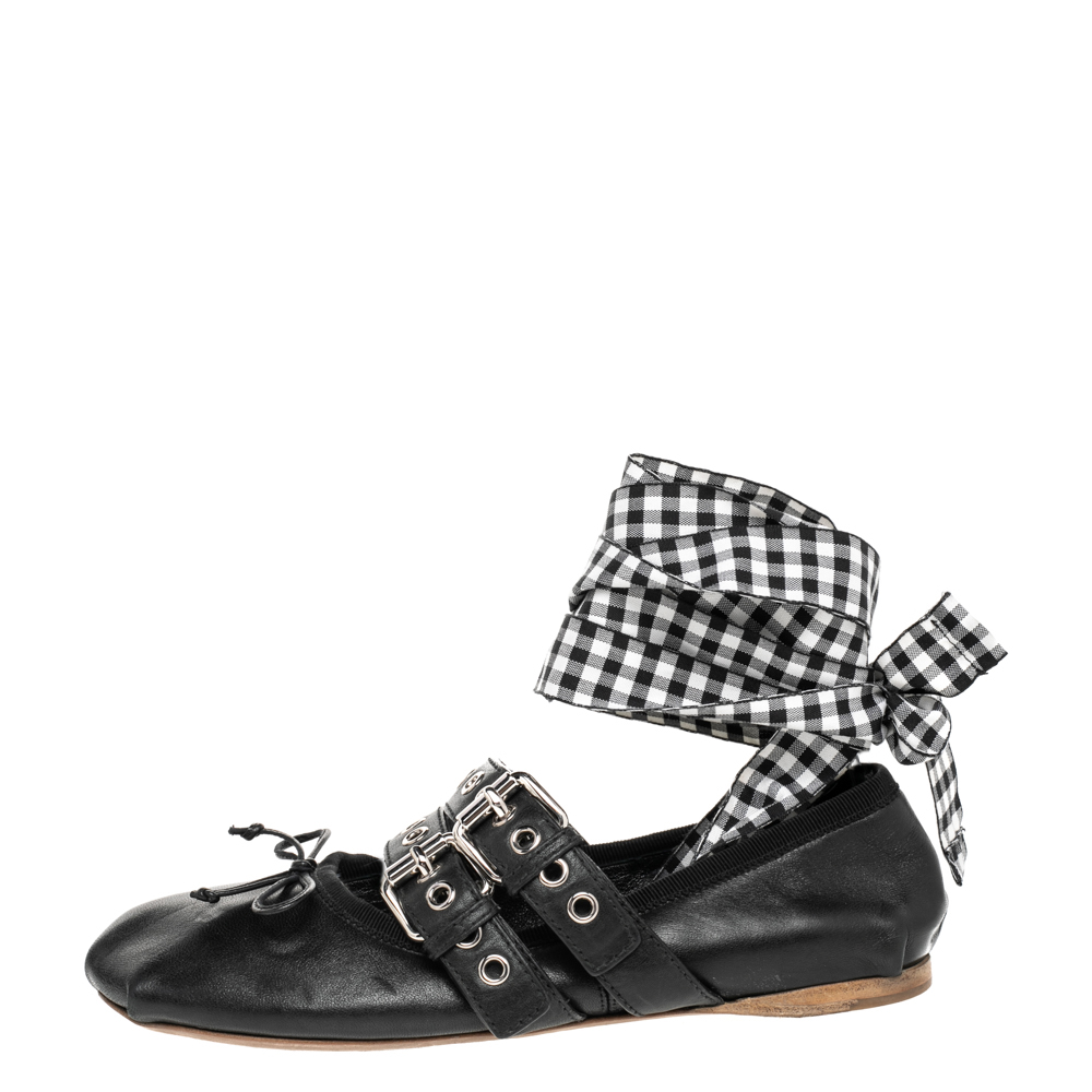

Miu Miu Black Leather Double Buckle Ankle Wrap Flats Size