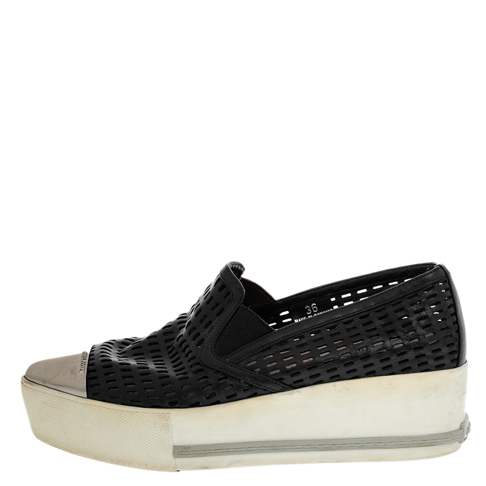 

Miu Miu Black Leather Metal Cap Toe Platform Slip On Sneakers Size