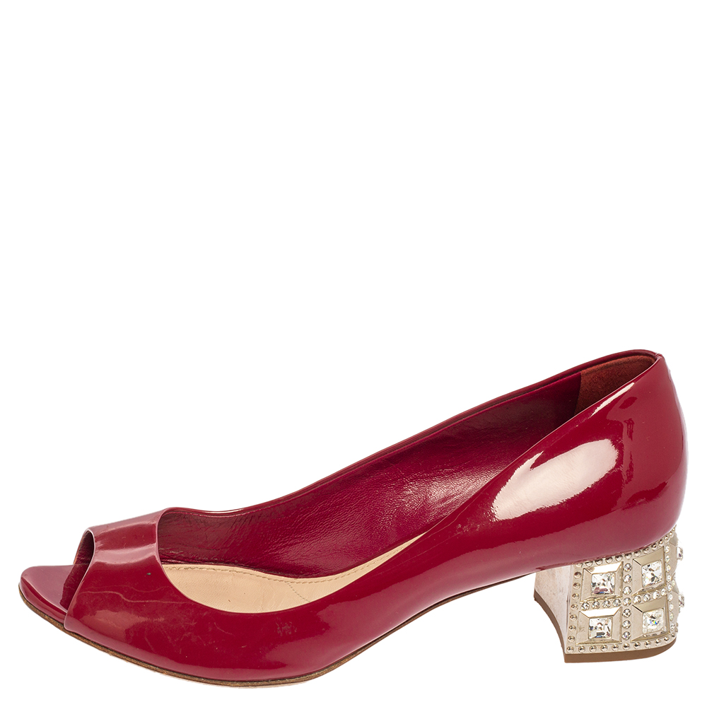 

Miu Miu Burgundy Patent Leather Crystal Block Heel Open Toe Pumps Size