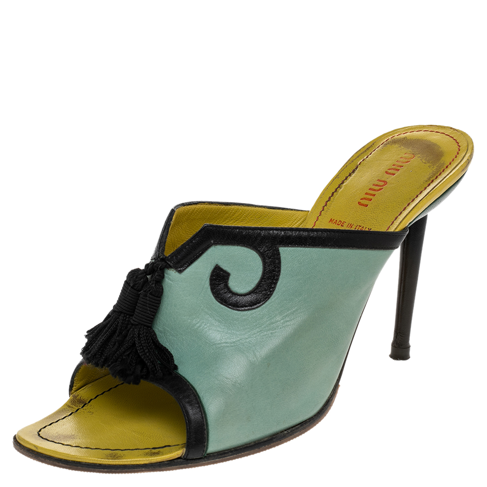 

Miu Miu Green/Black Leather Tassel Peep Toe Slide Sandals Size