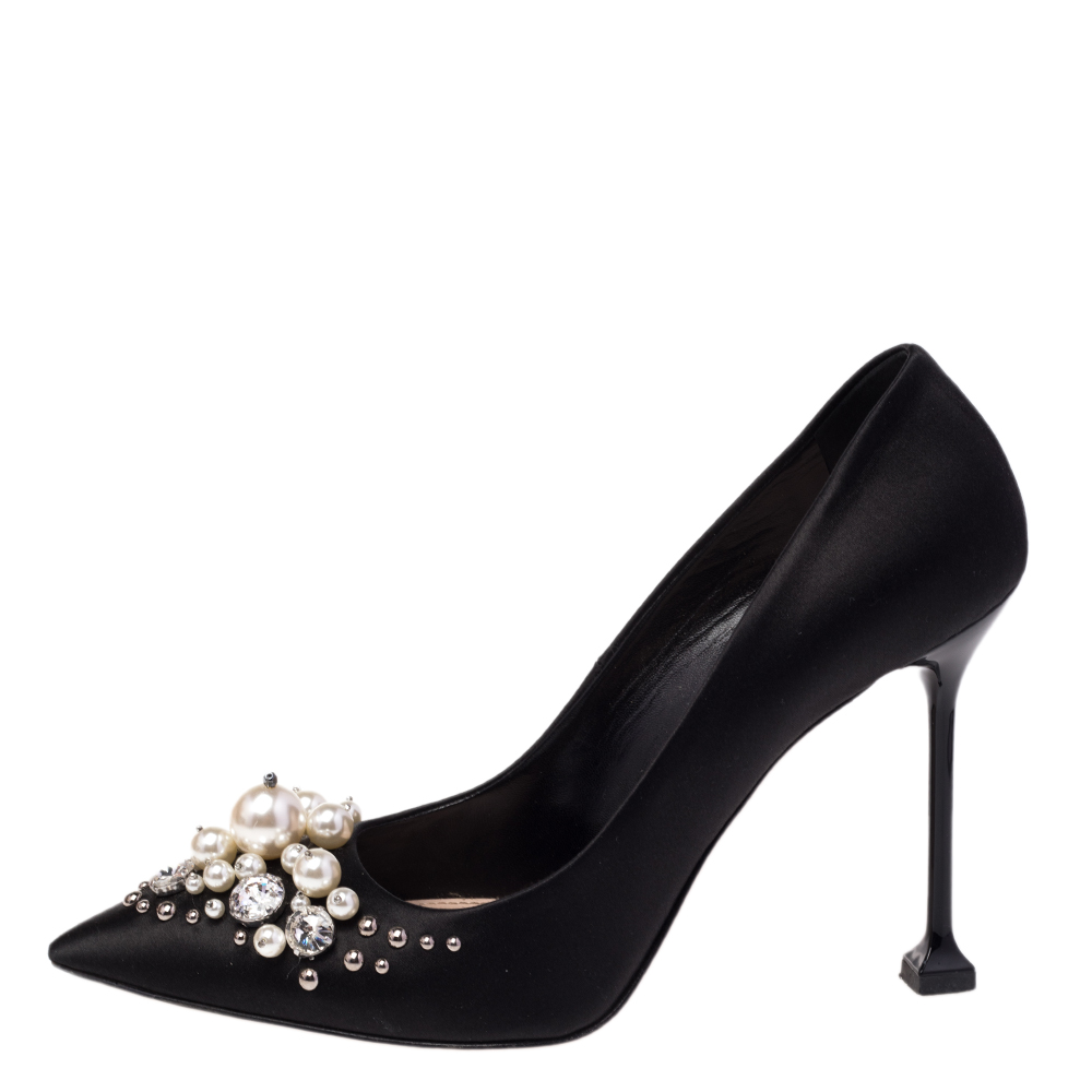 

Miu Miu Black Satin Crystal and Pearl Embellished Pointed Toe Pumps Size