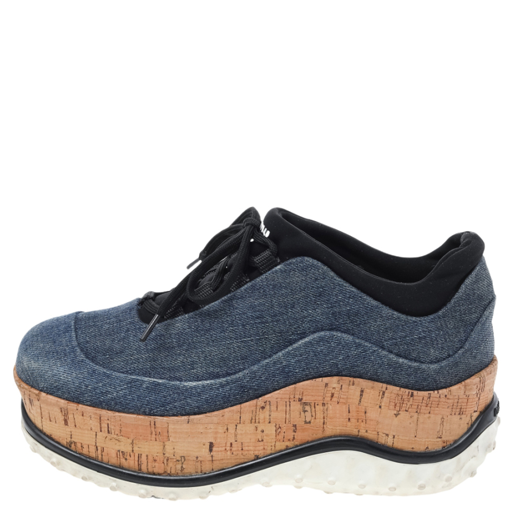 

Miu Miu Blue Denim Astro Cork Platform Sneakers Size