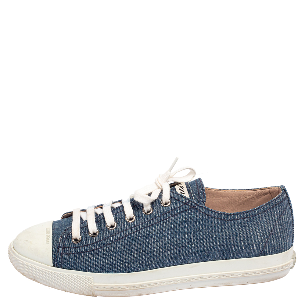 

Miu Miu Blue/White Denim Lace Up Low Top Sneakers Size