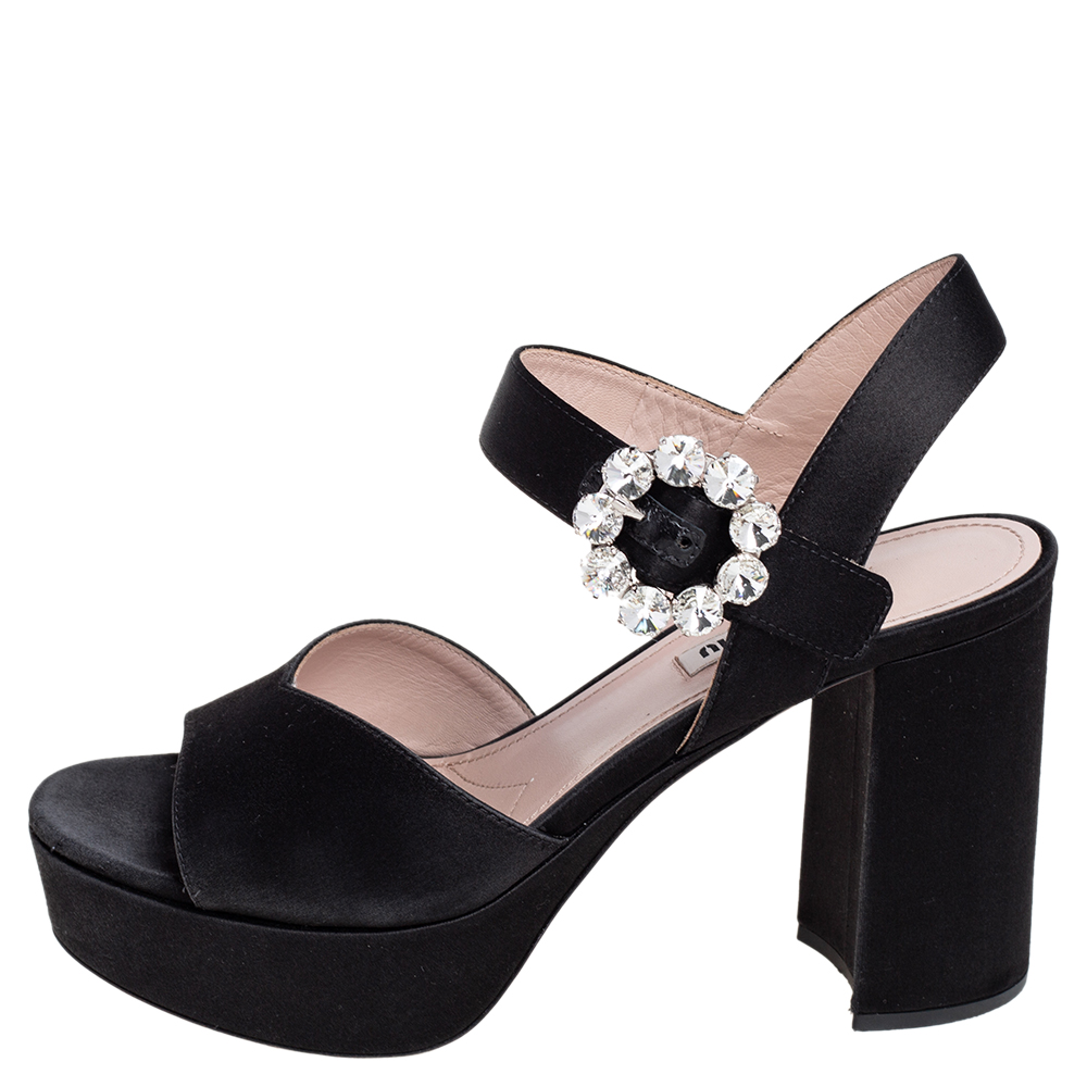 

Miu Miu Black Satin Crystal Embellished Buckle Platform Ankle Strap Sandals Size