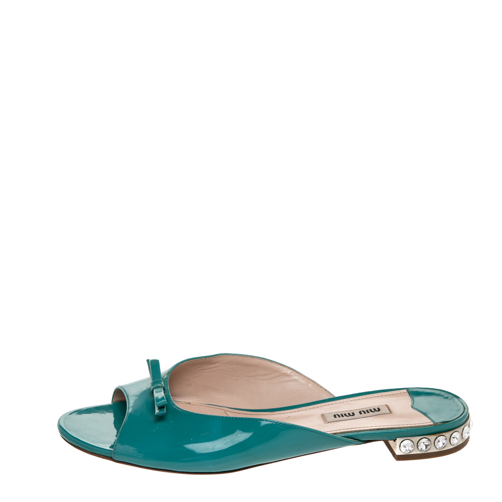 

Miu Miu Blue Patent Leather Bow Crystal Embellished Heel Flat Slides Size
