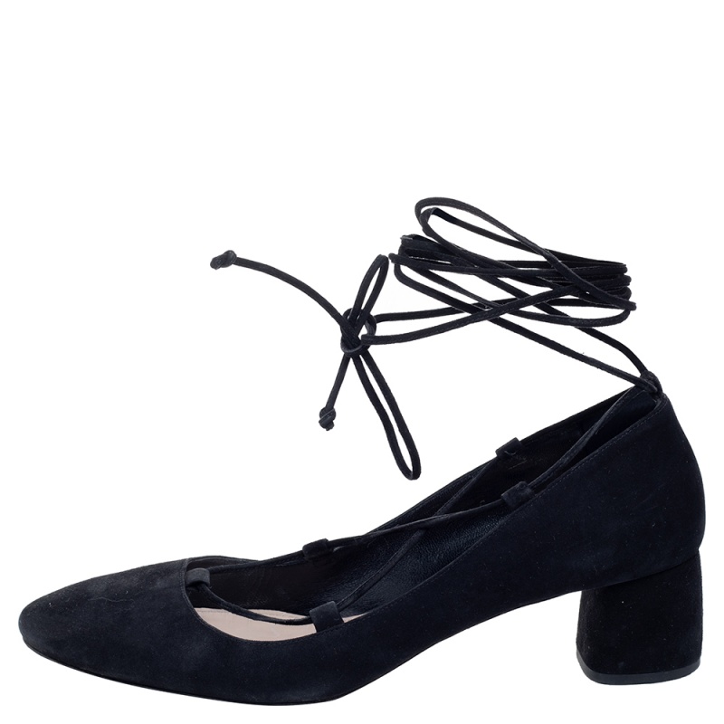 

Miu Miu Black Suede Block Heel Ankle Wrap Pumps Size 39.