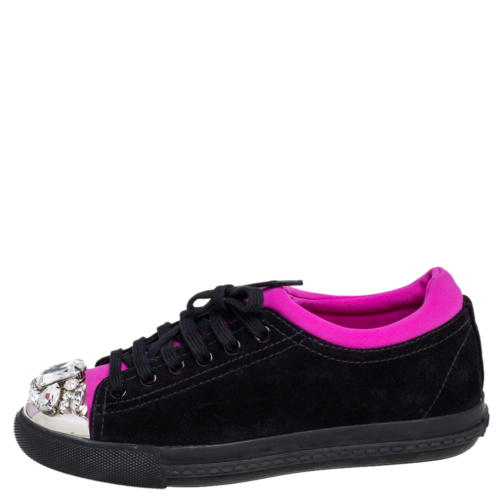 

Miu Miu Black/Magenta Suede and Neoprene Crystal Embellished Low Top Sneakers Size