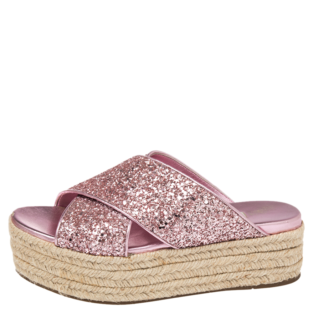 

Miu Miu Pink Glitter Cross Strap Platform Espadrille Sandals Size