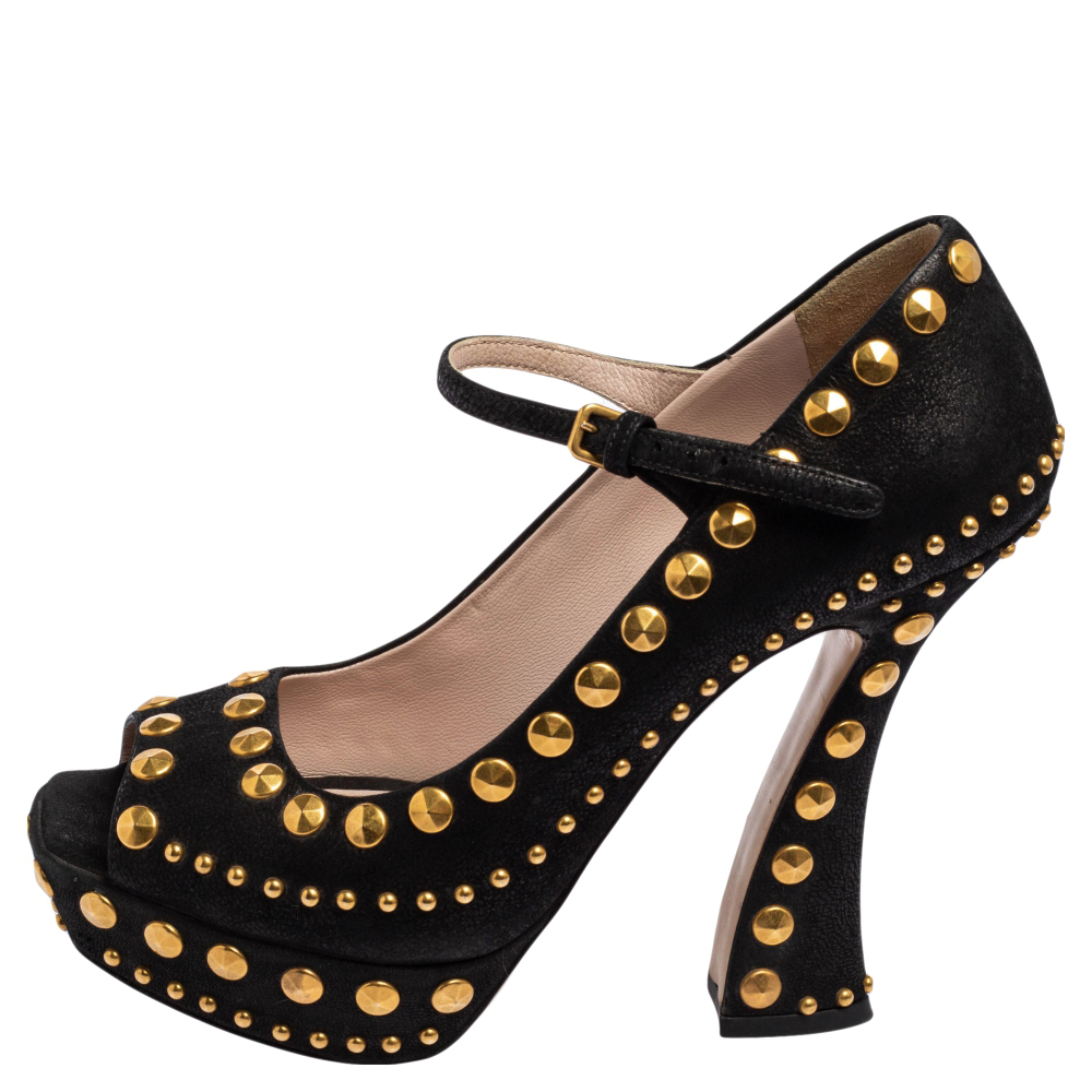 

Miu Miu Black Suede Studded Peep Toe Platform Pumps Size
