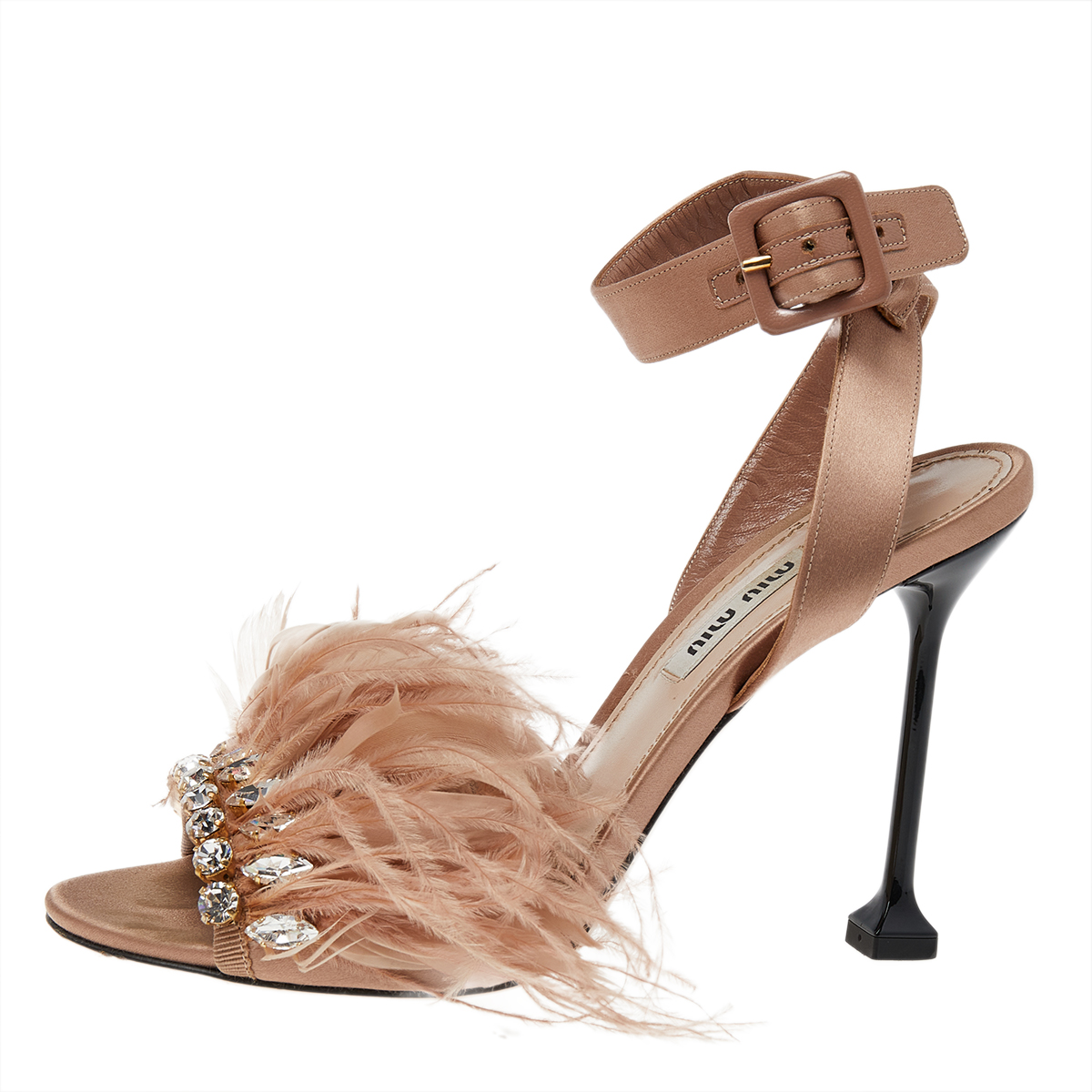 

Miu Miu Beige Satin And Feather Crystal Embellished Ankle Strap Sandals Size