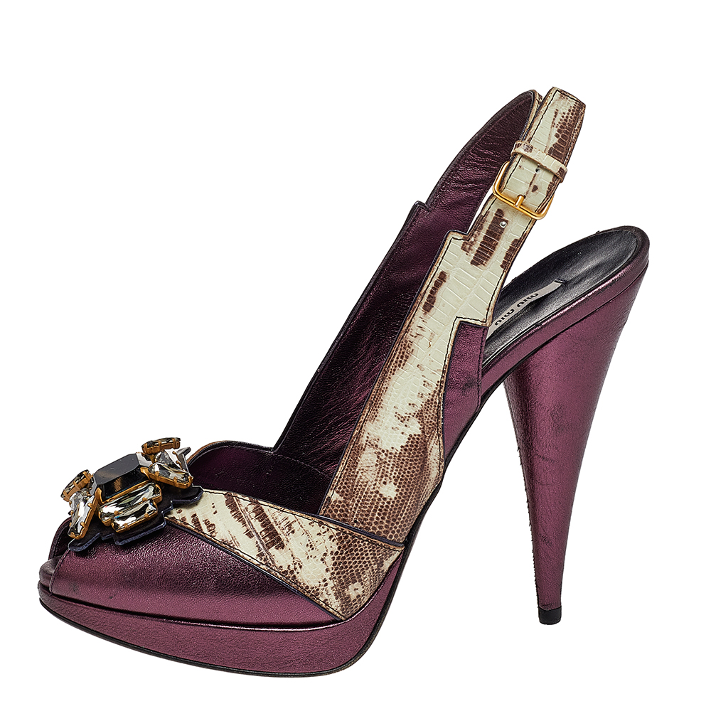 

Miu Miu Purple Lizard Embossed And Leather Slingback Sandals Size