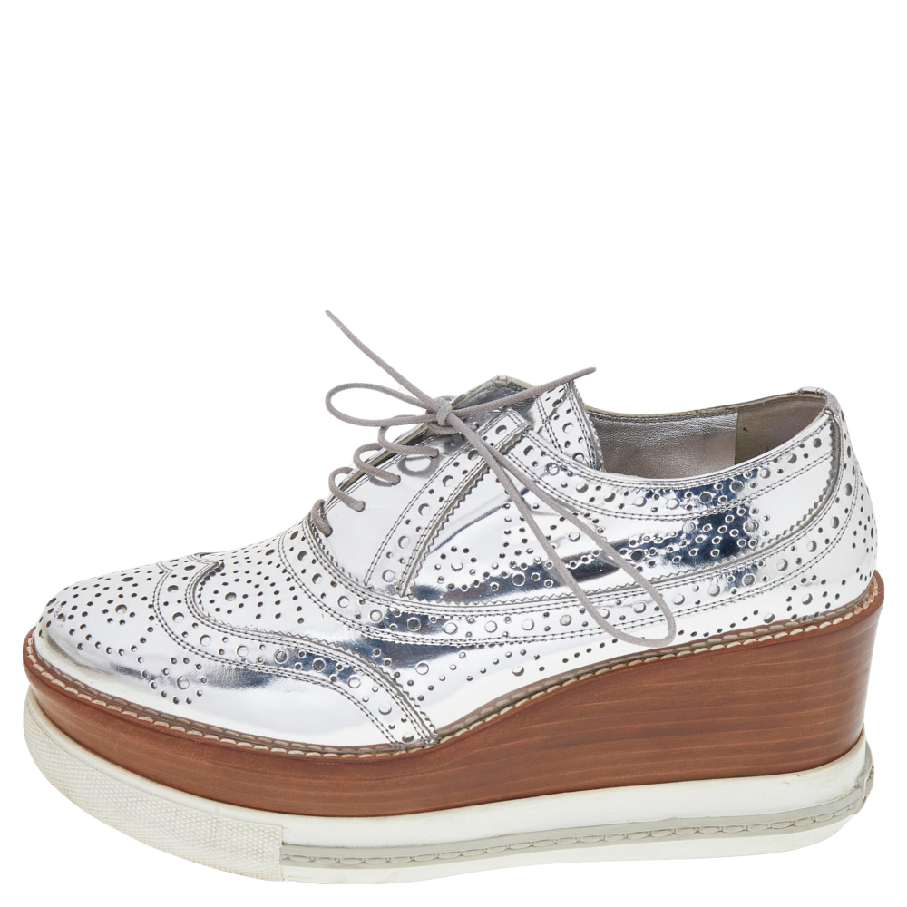 

Miu Miu Silver Brogue Leather Platform Lace Up Oxford Size