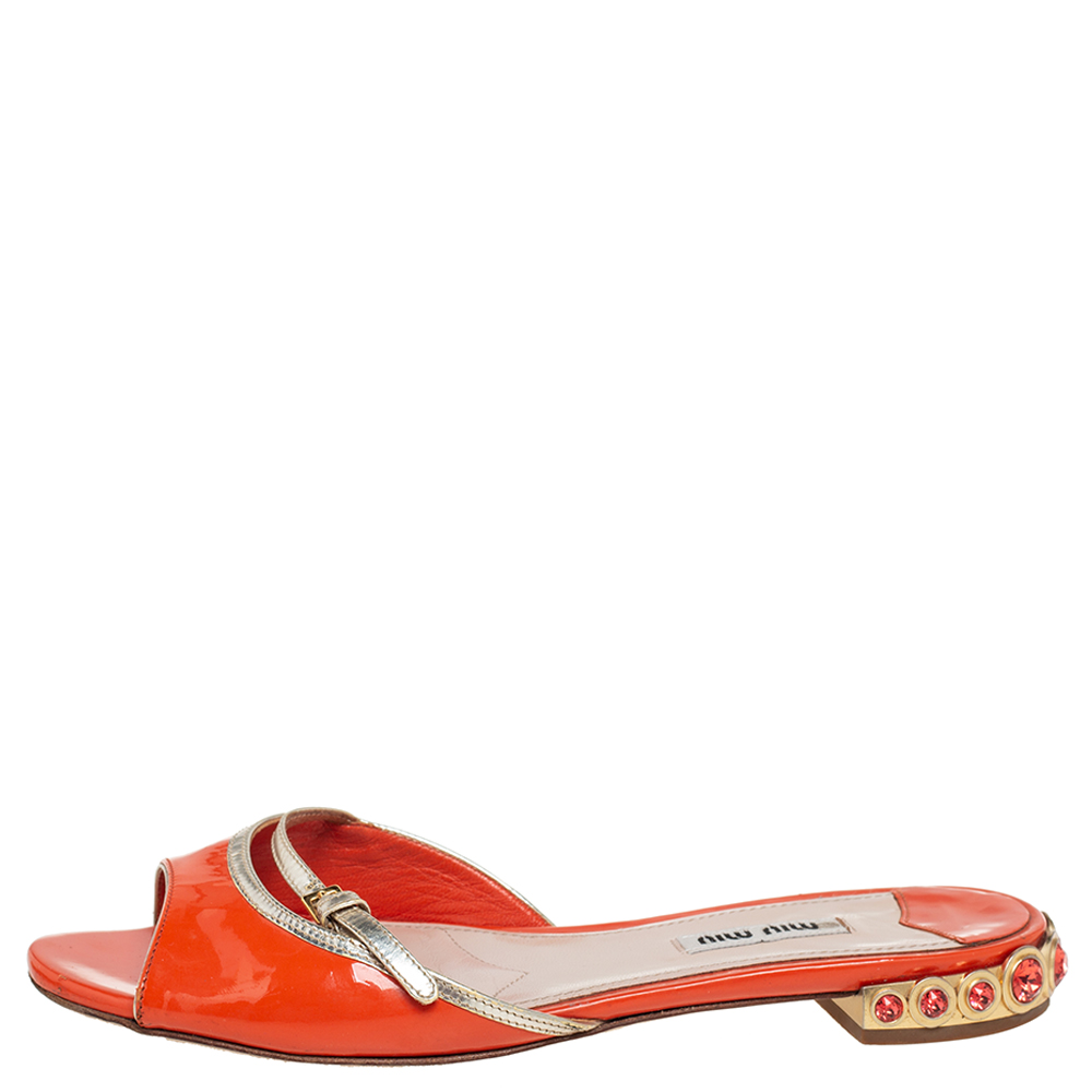 

Miu Miu Orange Patent Leather Slide Sandals Size