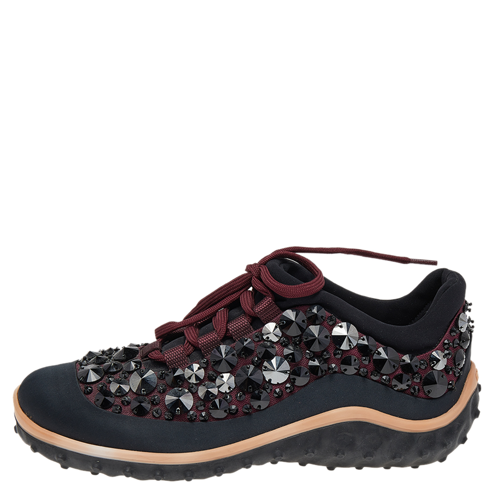 

Miu Miu Black/Burgundy Embellished Satin and Mesh Astro Sneakers Size
