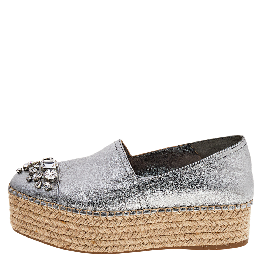 

Miu Miu Metallic Silver Leather Crystal Embellished Espadrille Platform Flats Size