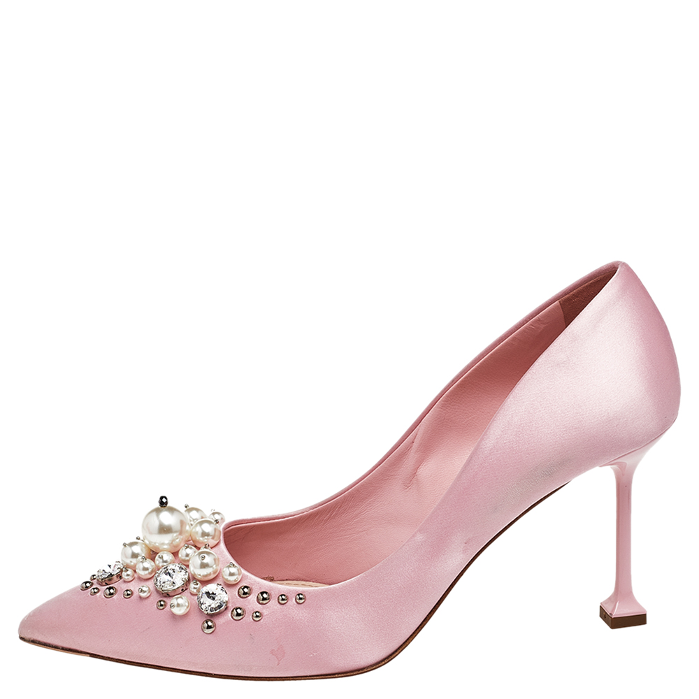 

Miu Miu Pink Satin Embellished Pointed Toe Pumps Size