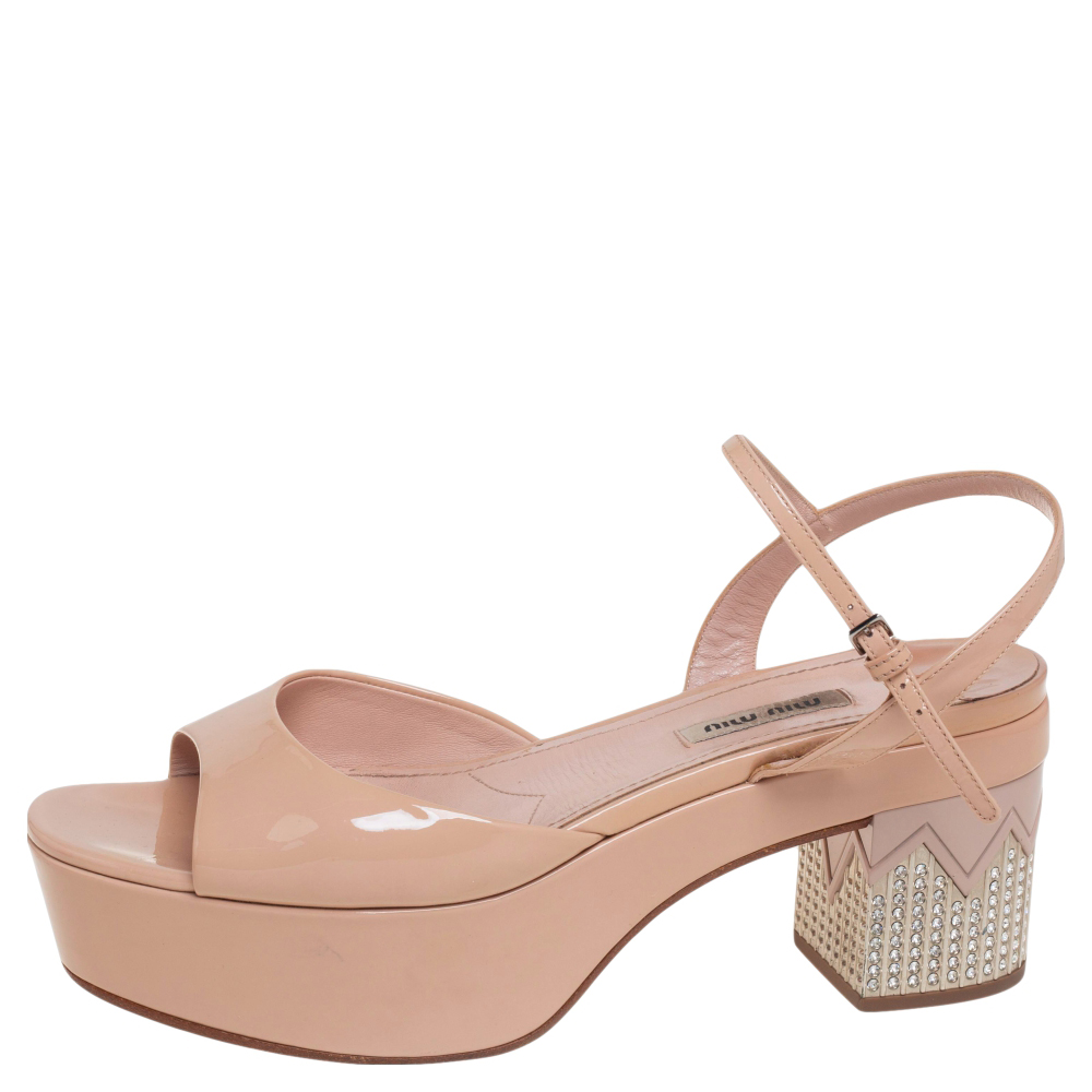 

Miu Miu Beige Patent Leather Crystals Heel Ankle Strap Sandals Size