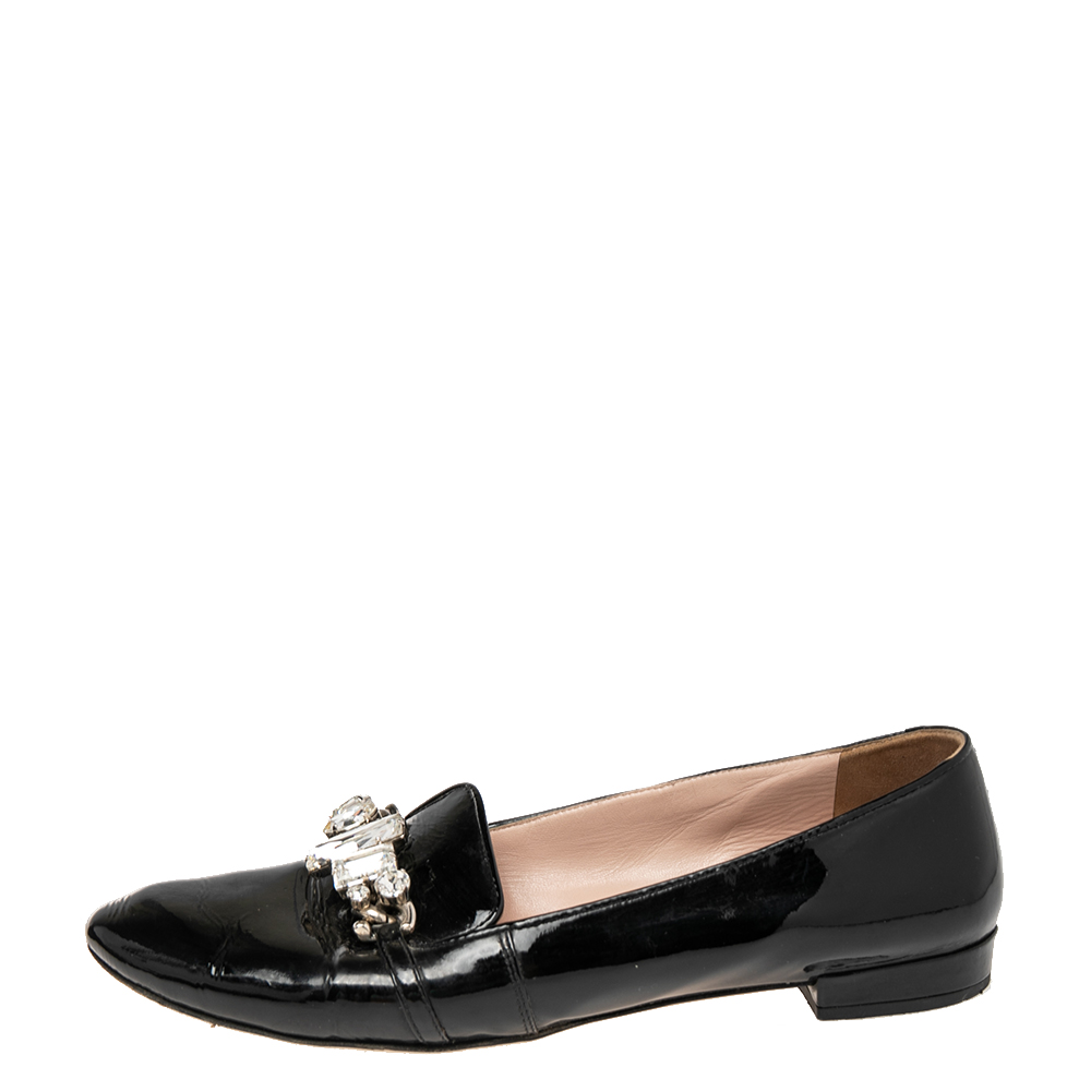 

Miu Miu Black Patent Leather Crystal Embellished Loafers Size