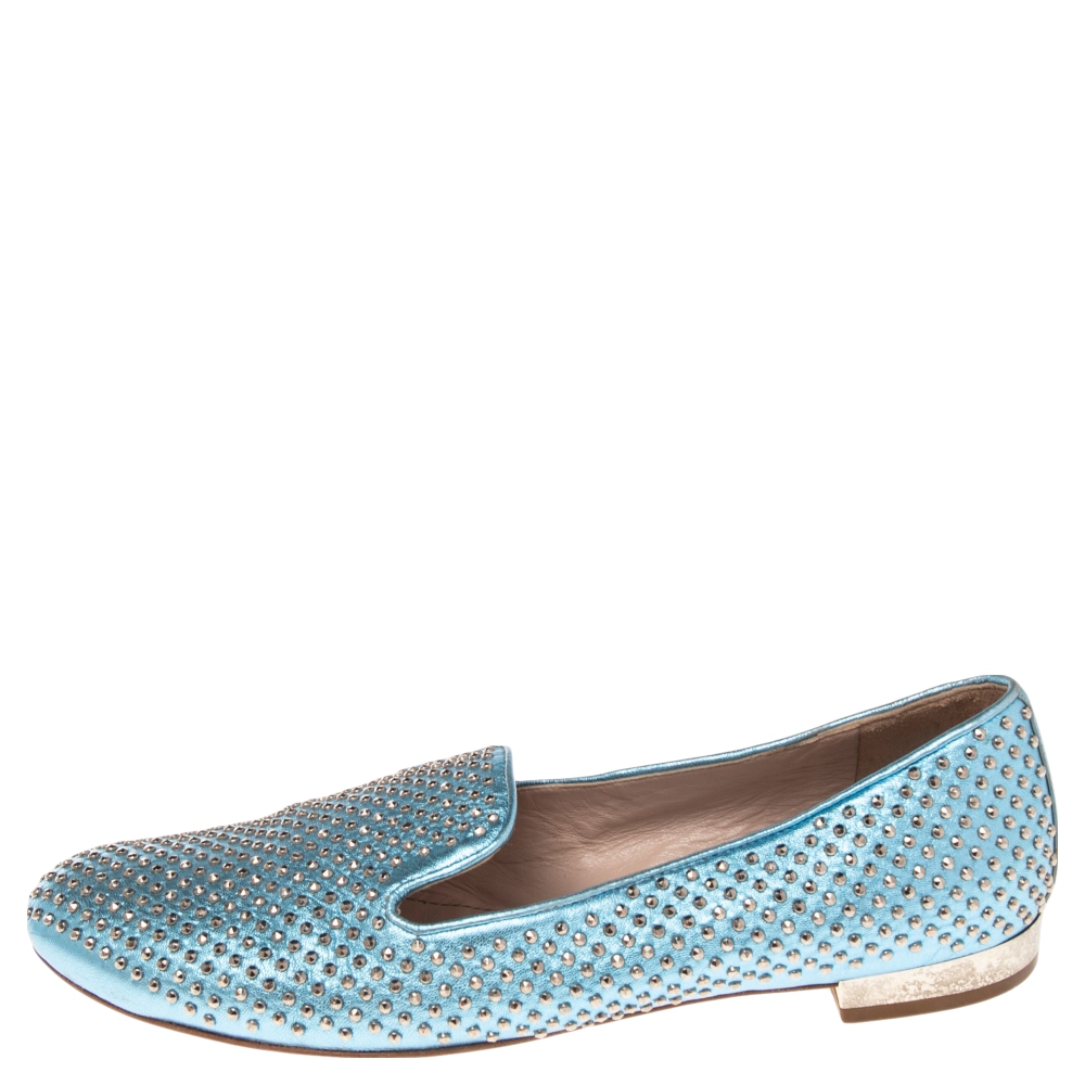 

Miu Miu Metallic Blue Leather Stud Embellished Smoking Slippers