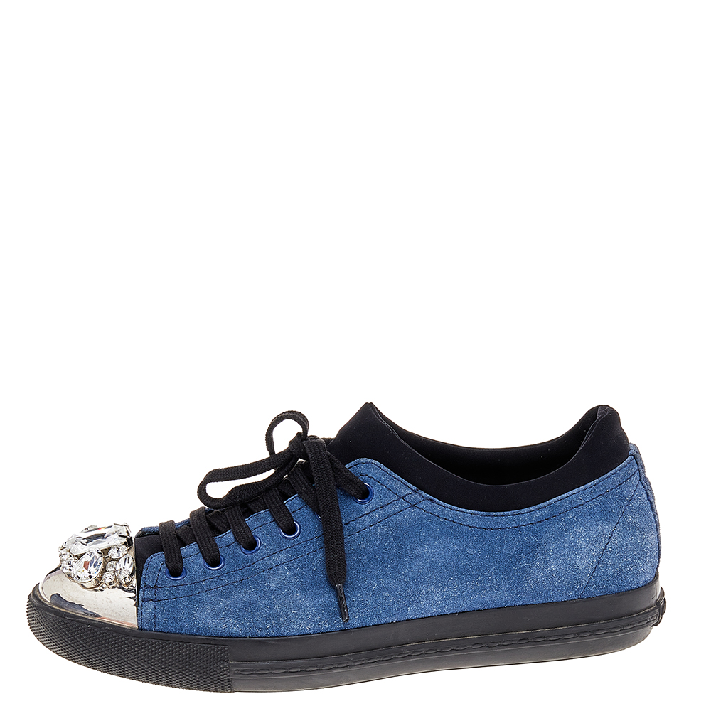 

Miu Miu Blue/Black Suede Crystal Cap Toe Sneakers Size