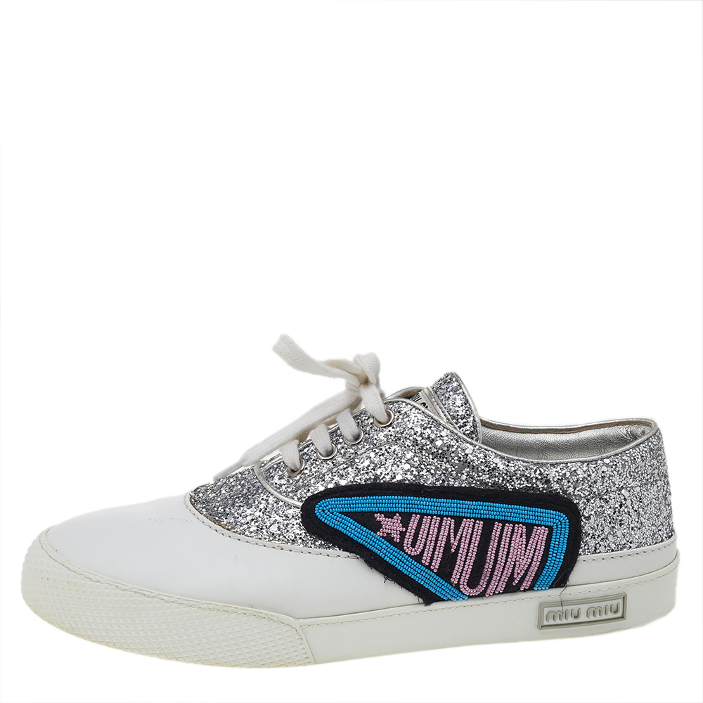 

Miu Miu Silver/White Leather And Glitter Patch Slip on Sneakers Size