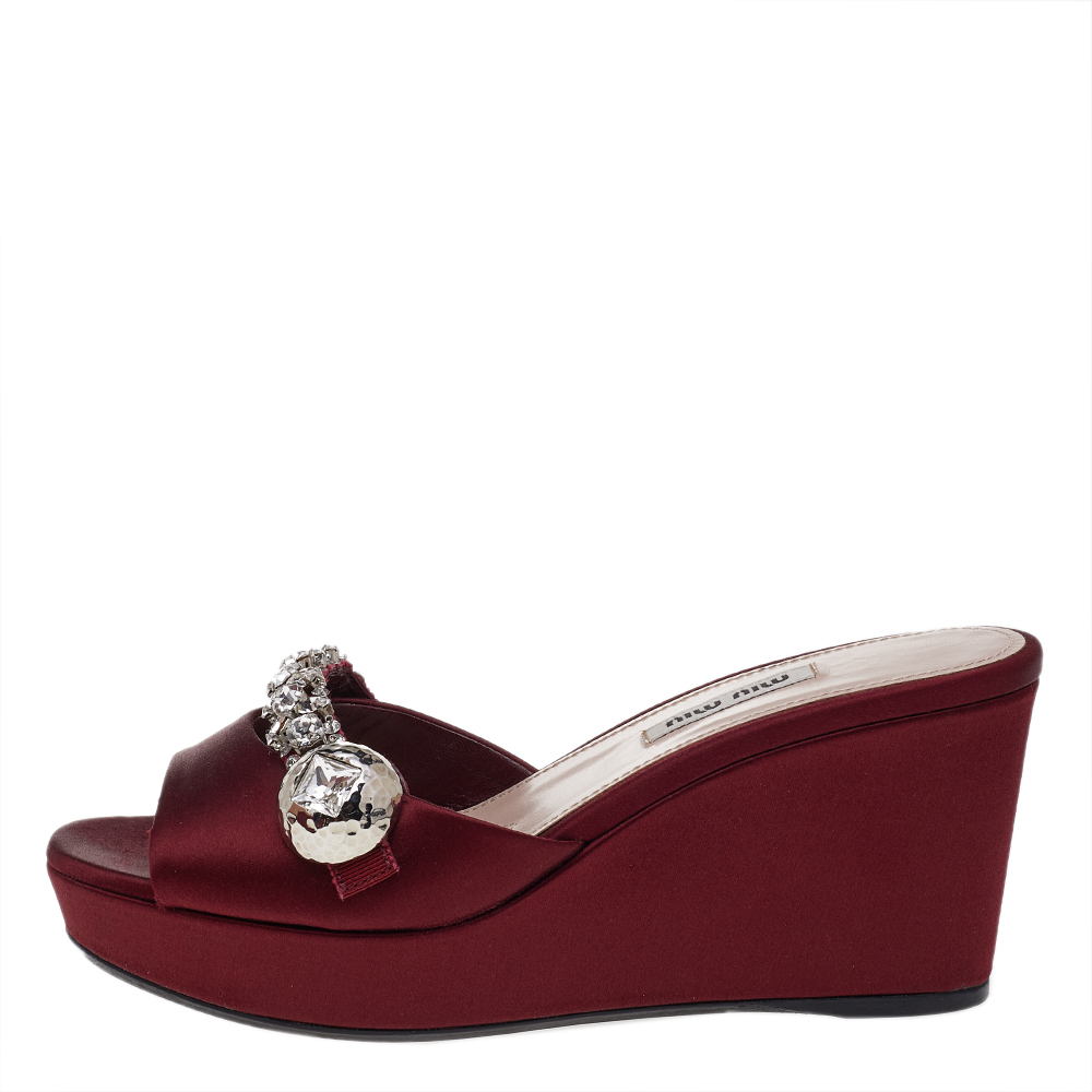 

Miu Miu Burgundy Satin Crystal Embellished Wedge Platform Slide Sandals Size