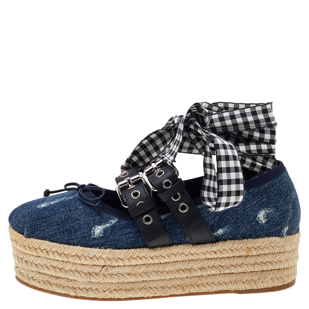 

Miu Miu Blue Denim and Leather Lace Up Platform Wedge Espadrilles Size