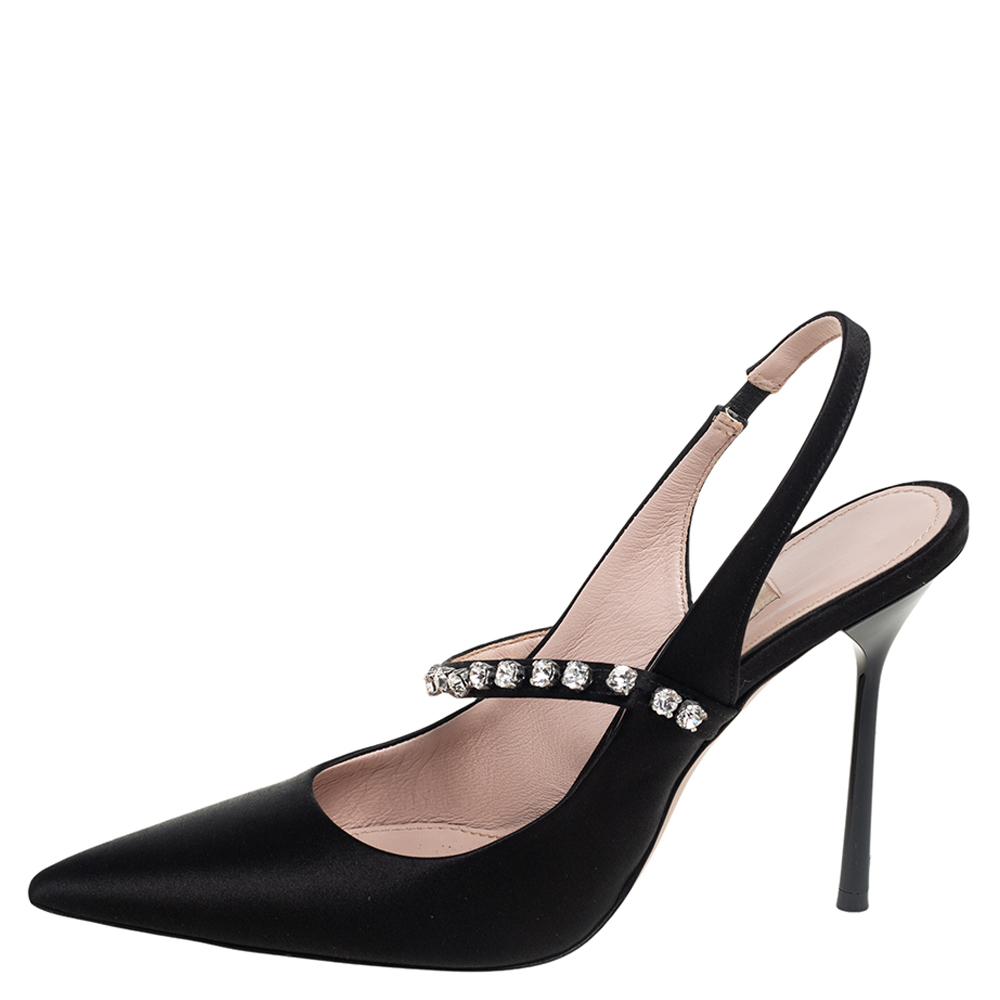 

Miu Miu Black Satin Crystal Embellished Slingback Sandals Size