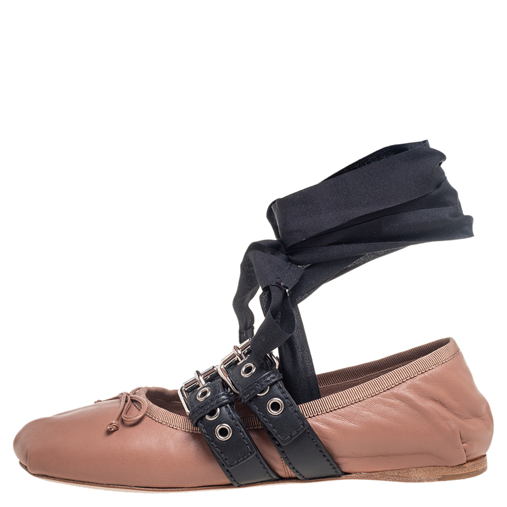 

Miu Miu Nude Beige Leather Belted Ankle Wrap Ballerina Flats Size