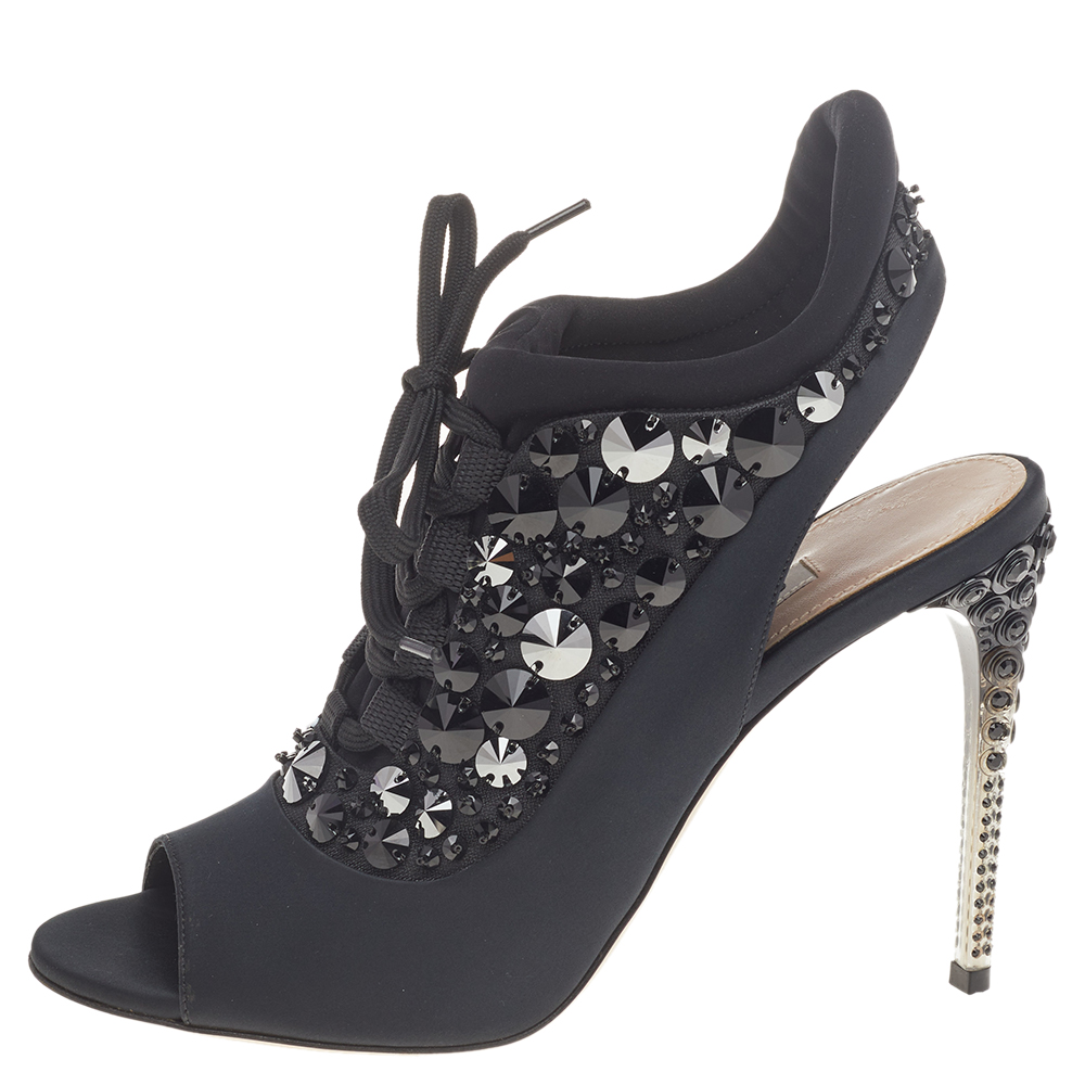 

Miu Miu Black Satin And Fabric Crystal Embellished Open Toe Slingback Sandals Size