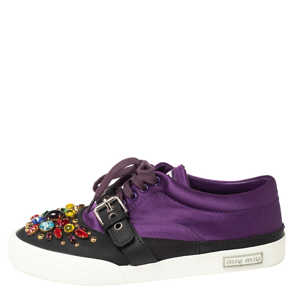 

Miu Miu Purple Satin Crystal And Stud Cap Toe Embellished Buckle Detail Sneakers Size