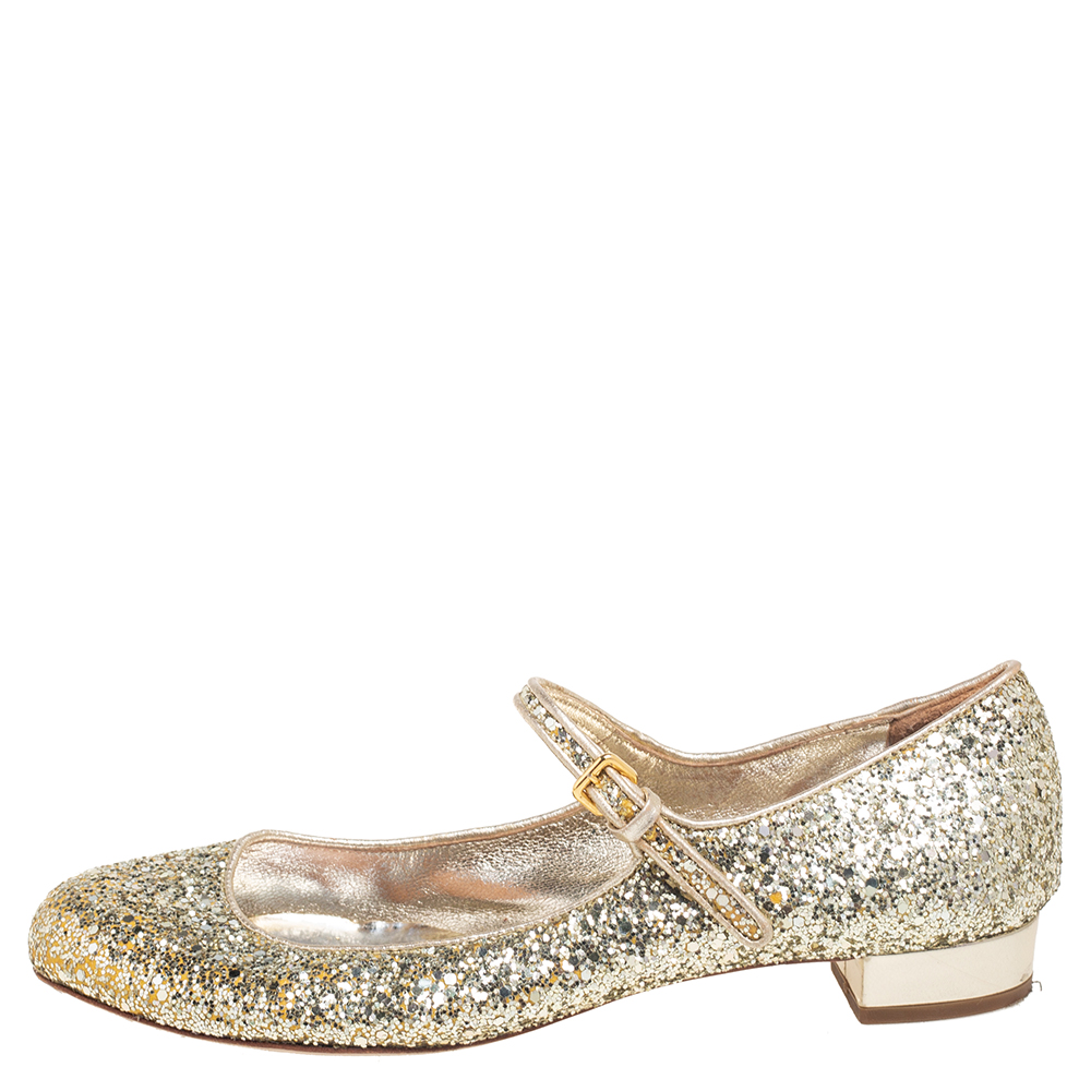 

Miu Miu Gold Glitter Mary Jane Ballet Flats Size