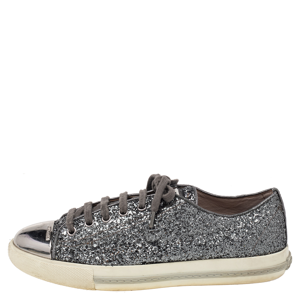 

Miu Miu Metallic Grey Glitter And Metal Cap Toe Low Top Sneakers Size