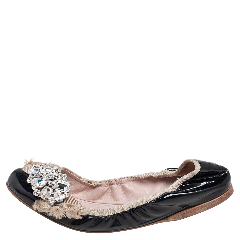 

Miu Miu Black Patent Leather And Canvas Bow Detail Crystal Embellished Scrunch Ballet Flats Size