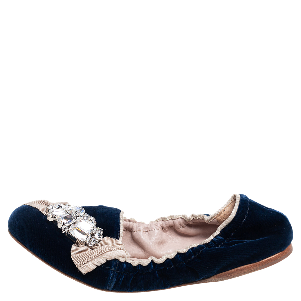

Miu Miu Navy Blue Velvet Bow Detail Crystal Embellished Scrunch Ballet Flats Size