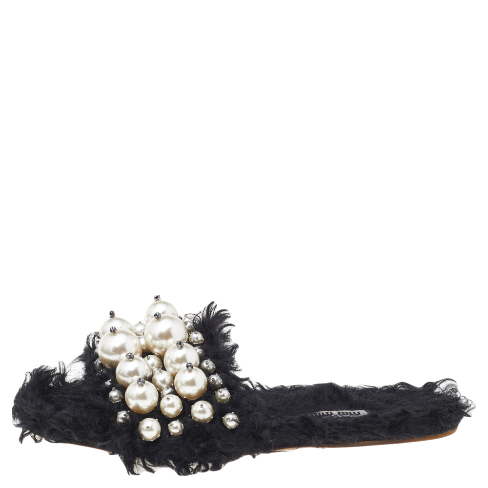 

Miu Miu Black Fur Pearl Embellished Flat Sandals Size
