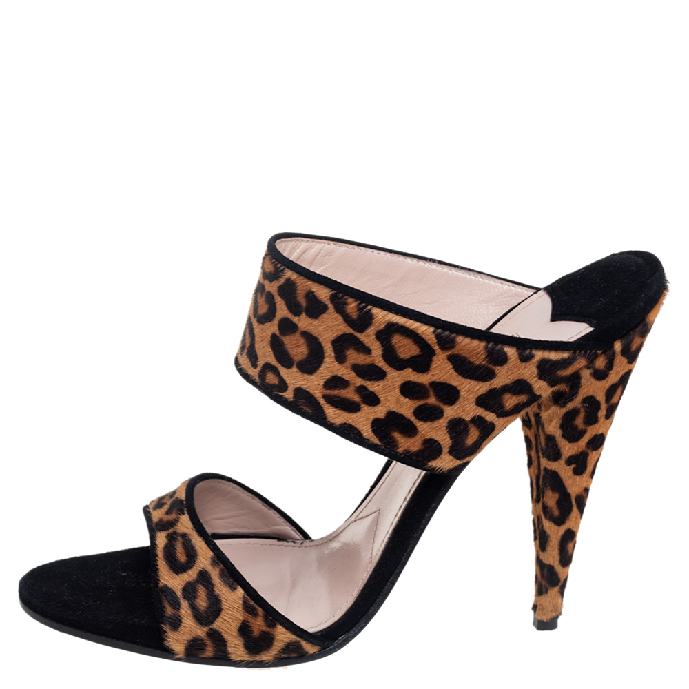 

Miu Miu Brown/Black Animal Print Calf Hair And Suede Slide Sandals Size