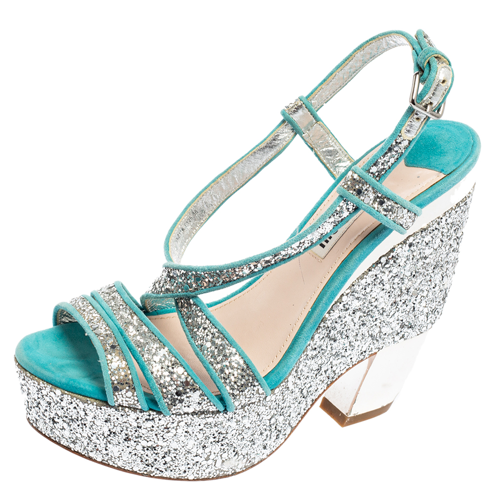 

Miu Miu Turquoise Suede and Glitter Ankle Strap Platform Sandals Size 36, Blue