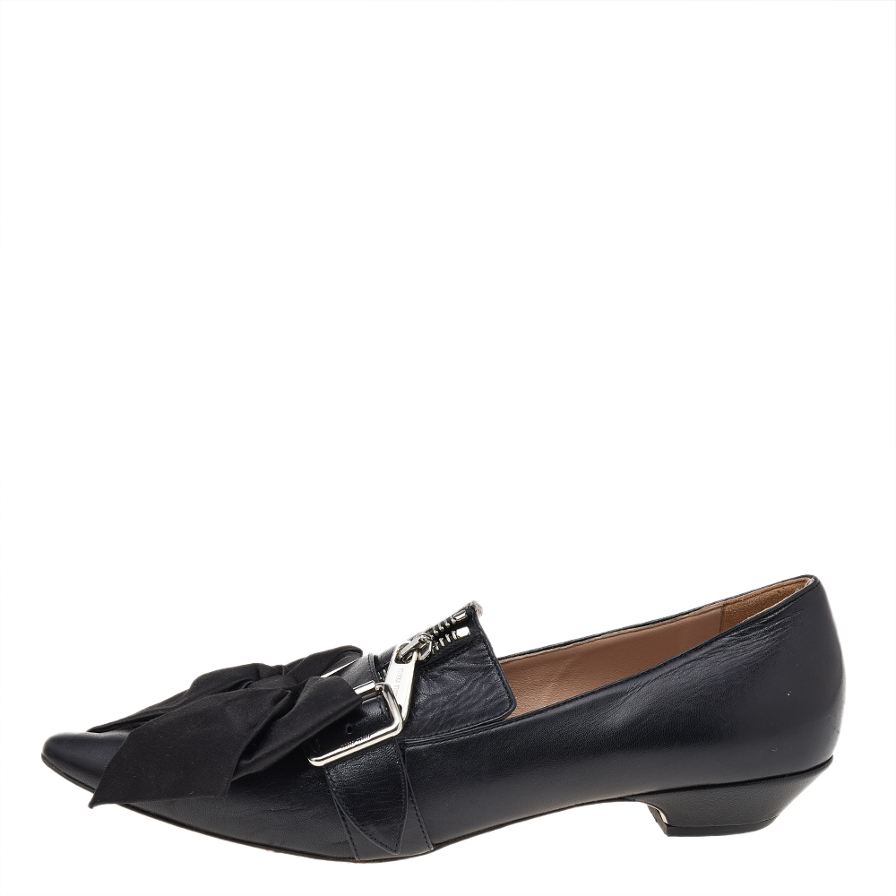 

Miu Miu Black Satin And Leather Bow Slip On Loafers Size