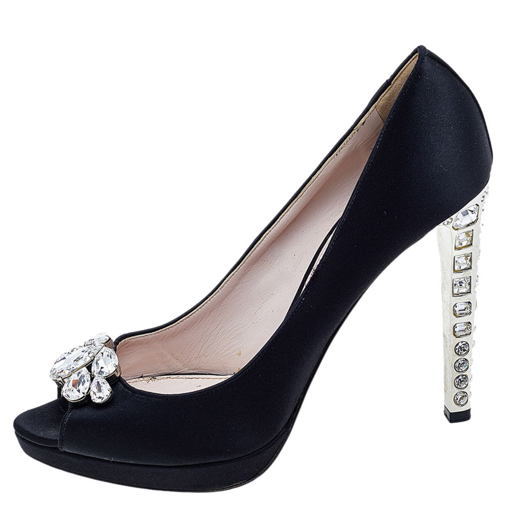 

Miu Miu Black Satin Peep Toe Pumps Size
