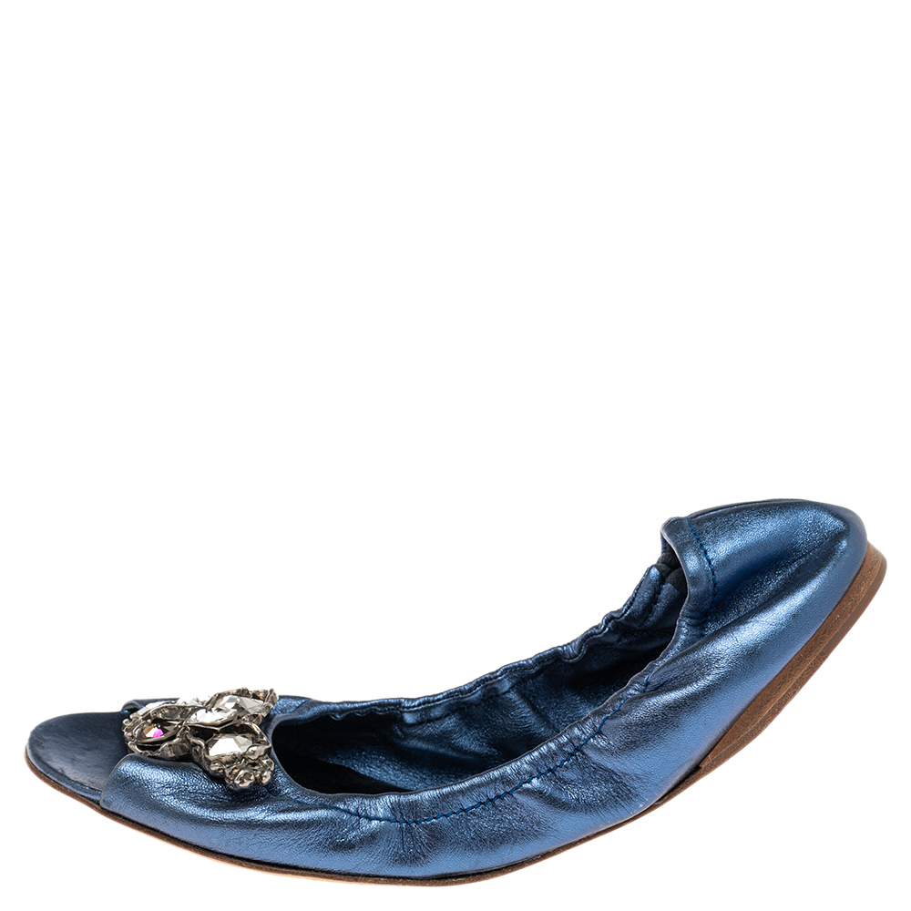 

Miu Miu Blue Leather Crystal Embellished Open Toe Scrunch Ballet Flats Size