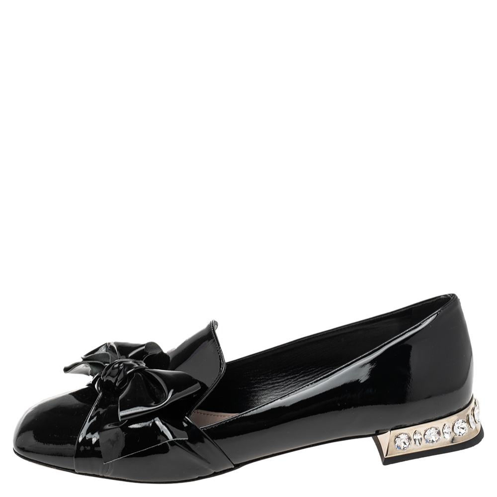 

Miu Miu Black Patent Leather Crystal Embellished Heel Bow Slip On Loafers Size