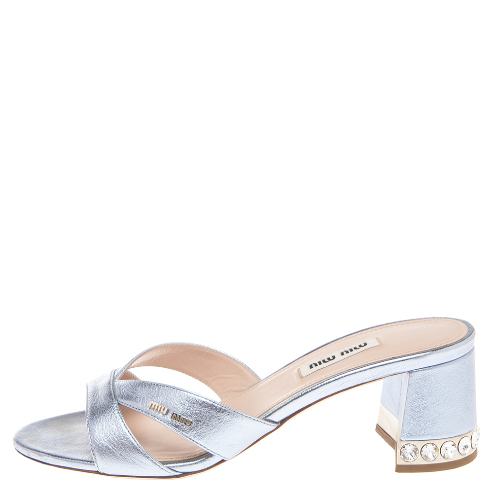 

Miu Miu Metallic Lilac Leather Crystal Heel Slides Size