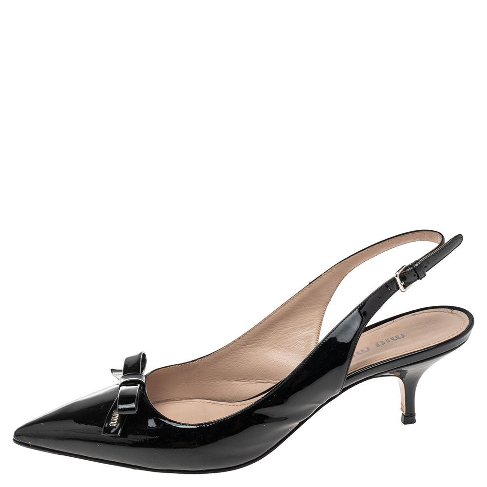 

Miu Miu Black Patent Leather Bow Pointed Toe Slingback Sandals Size